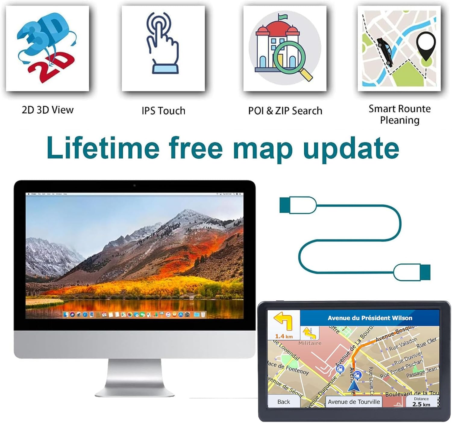 GPS Navigator for Car Truck RV, 7 Inch Touch Screen, Latest 2025 Maps for Car GPS, Support Voice Turn-by-Turn Guidance, Speed and Red Light Warning, Custom Truck Routing